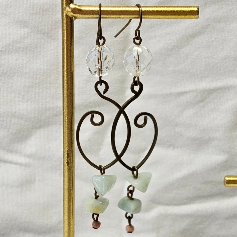 Dangle Earrings Womens Green‎ Bronze Amazonite Chip Whimsigoth Boho